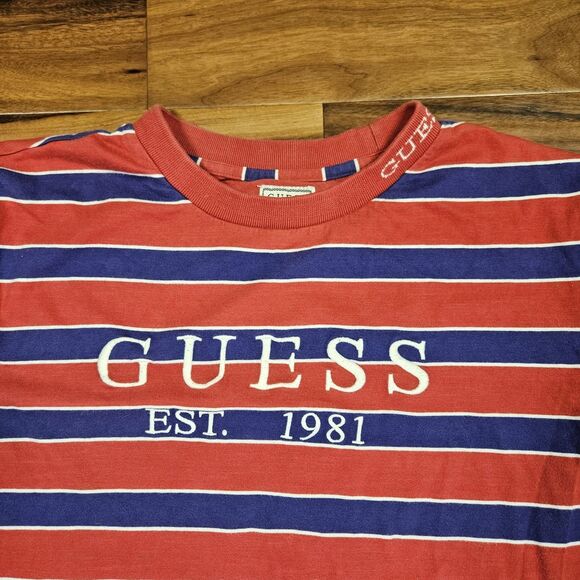 VINTAGE Guess T Shirt Men Sz M Blue Red Striped Embroidered Logo Casual 00s Y2K - Picture 2 of 7